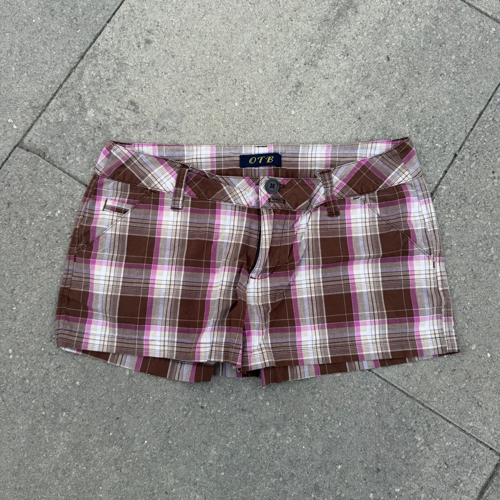 OTB Women Brown Pink Plaid Low Rise Shorts Size 7/8 Y2K Preppy Summer